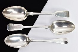 TWO LATE VICTORIAN FIDDLE PATTERN SERVING SPOONS AND A HANOVERIAN SERVING SPOON, the two fiddle