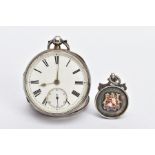 A SILVER OPEN FACE POCKET WATCH AND A SILVER FOB MEDAL, the pocket watch with a round white dial,