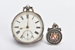 A SILVER OPEN FACE POCKET WATCH AND A SILVER FOB MEDAL, the pocket watch with a round white dial,