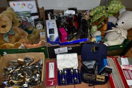FOUR BOXES OF ASSORTED ITEMS, ETC, to include Nikon 12x25 and Russian 8x30 Binoculars, Robert DAB