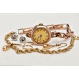 FIVE ITEMS OF JEWELLERY, to include a 1920's gold wrist watch, with black Arabic numerals and