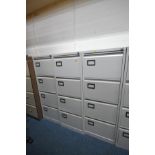 THREE LIGHT GREY FOUR DRAWER FILING CABINETS, width 47cm x depth 63cm x height 132cm (each with