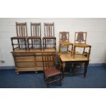 AN EDWARDIAN PINE SIDEBOARD WITH SIX DRAWERS along with an oak draw leaf table and two sets of