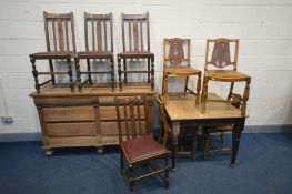 AN EDWARDIAN PINE SIDEBOARD WITH SIX DRAWERS along with an oak draw leaf table and two sets of