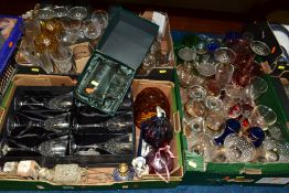 THREE BOXES OF GLASSWARES to include boxed Thomas Webb crystal glasses, scent bottles, ornaments and