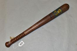 A LATE 19TH CENTURY WOODEN TRUNCHEON, turned wooden handle, painted blue band with yellow, red and