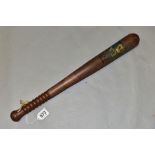 A LATE 19TH CENTURY WOODEN TRUNCHEON, turned wooden handle, painted blue band with yellow, red and