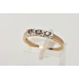 A 9CT GOLD THREE STONE DIAMOND RING, designed with three brown round brilliant cut diamonds,