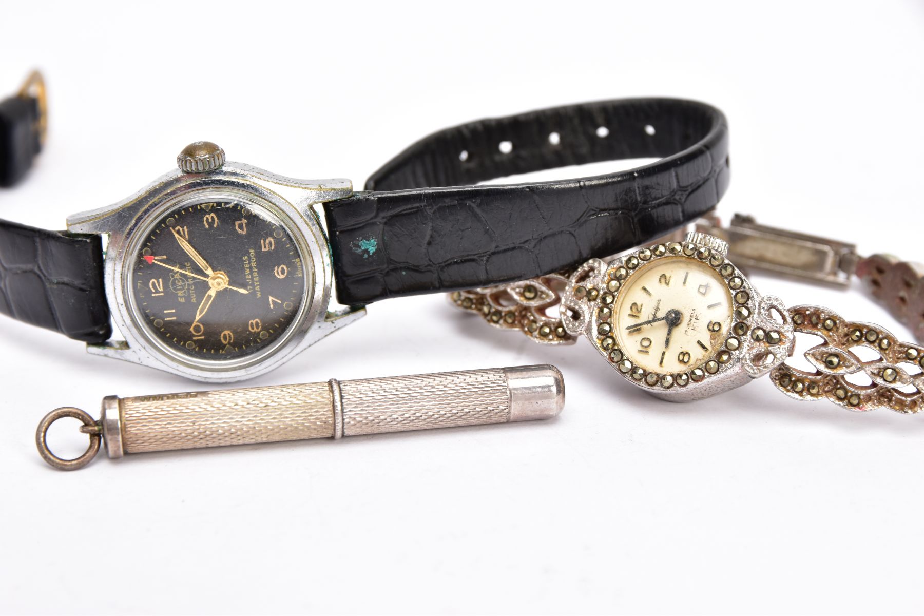A LADIES 'ENICAR AUTOMATIC' WATCH, A LADIES STAINLESS STEEL MARCASTIE WATCH AND A SILVER CIGAR - Image 2 of 5