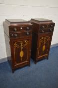 A PAIR OF GEORGE IV MAHOGANY PEDESTAL CUPBOARDS, shaped top, two drawers with turned brass