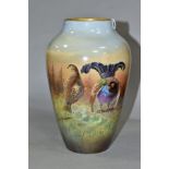 A ROYAL WINTON HAND PAINTED BALUSTER VASE, decorated with Scottish game birds in a highland