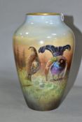A ROYAL WINTON HAND PAINTED BALUSTER VASE, decorated with Scottish game birds in a highland