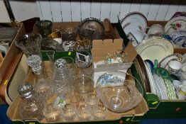 FIVE BOXES OF CERAMICS, GLASS, KITCHEN RELATED ITEMS ETC, to include a Georgian crystal goblet,