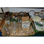 FIVE BOXES OF CERAMICS, GLASS, KITCHEN RELATED ITEMS ETC, to include a Georgian crystal goblet,