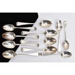 A SELECTION OF SILVER TEASPOONS, to include a set of four old English pattern spoons, engraved