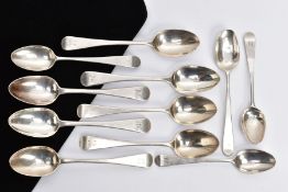 A SELECTION OF SILVER TEASPOONS, to include a set of four old English pattern spoons, engraved