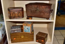 WOODEN BOXES ETC, comprising a George III tea caddy with inlaid seashell motifs, size