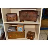 WOODEN BOXES ETC, comprising a George III tea caddy with inlaid seashell motifs, size