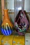 TWO LATE 20TH CENTURY STUDIO GLASS VASES, the first is a compressed lozenge shape, having a lavender