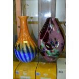 TWO LATE 20TH CENTURY STUDIO GLASS VASES, the first is a compressed lozenge shape, having a lavender