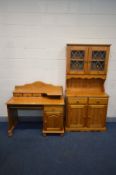 A MODERN PINE DRESSER with two glazed doors, width 91cm x depth 43cm x height 184cm together with