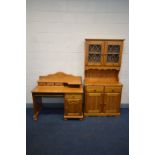 A MODERN PINE DRESSER with two glazed doors, width 91cm x depth 43cm x height 184cm together with