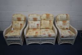 A CREAM WICKER THREE PIECE CONSERVATRY SUITE, comprising a settee and two armchairs (3)