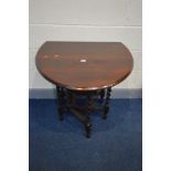 A SMALL OAK BARLEY TWIST DROP LEAF TABLE, open length 106cm x closed length 41cm x depth 76cm x