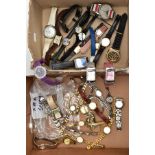 TWO BOXES OF ASSORTED LADIES AND GENTS WRISTWATCHES, mostly quartz movements, with names to