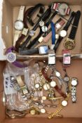 TWO BOXES OF ASSORTED LADIES AND GENTS WRISTWATCHES, mostly quartz movements, with names to