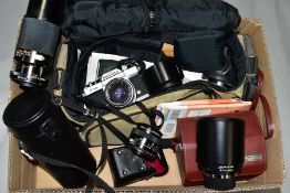 A BOX OF PHOTOGRAPHIC EQUIPMENT comprising a Pentax Asahi K1000 camera with instruction booklet,