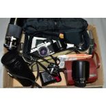 A BOX OF PHOTOGRAPHIC EQUIPMENT comprising a Pentax Asahi K1000 camera with instruction booklet,