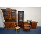 A PINE DRESSER, with an arched top, and double glazed doors, mahogany corner cupboard, mahogany