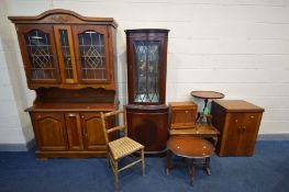 A PINE DRESSER, with an arched top, and double glazed doors, mahogany corner cupboard, mahogany