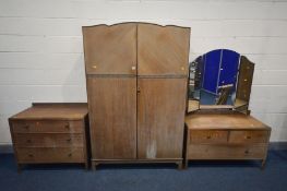 A LIGHT OAK THREE PIECE BEDROOM SUITE, labelled Harp, comprising a double door wardrobe, width 119cm