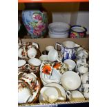 A BOX AND LOOSE OF CERAMICS, including Royal Doulton 'Burgundy' pattern tea cups, coffee cups and