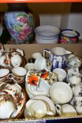 A BOX AND LOOSE OF CERAMICS, including Royal Doulton 'Burgundy' pattern tea cups, coffee cups and