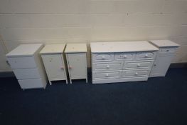 A QUANTITY OF WHITE PAINTED BEDRROM FURNITURE comprising a sideboard/chest of seven drawers, width