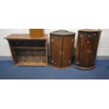 TWO GEORGIAN MAHOGANY BOWFRONT HANGING CORNER CUPBOARDS, along with a distressed open bookcase (3)