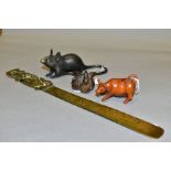 TWO WOODEN NETSUKE IN THE FORM OF AN OX AND THREE RATS AND TWO OTHER ITEMS, comprising ox netsuke