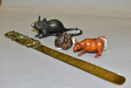 TWO WOODEN NETSUKE IN THE FORM OF AN OX AND THREE RATS AND TWO OTHER ITEMS, comprising ox netsuke