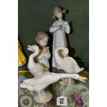 FIVE LLADRO FIGURES, comprising three Little Ducks No. 4551, 4552 and 4553, Angel Praying No 4538,