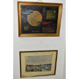 PAINTINGS AND FABRIC PRINT, comprising a constructivist style oil on board, signed Nevison,