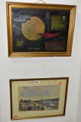 PAINTINGS AND FABRIC PRINT, comprising a constructivist style oil on board, signed Nevison,