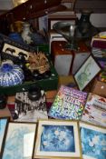 FOUR BOXES AND LOOSE CERAMICS, BOOKS, PICTURES, HOMEWARES etc to include a pair of Pure speakers,