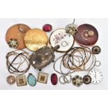 A BAG OF ASSORTED COSTUME JEWELLERY AND ITEMS, to include costume earrings, brooches, bangles,
