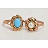 TWO YELLOW METAL RINGS, the first set with an oval turquoise, within a scroll detailed surround,