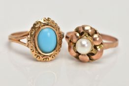 TWO YELLOW METAL RINGS, the first set with an oval turquoise, within a scroll detailed surround,