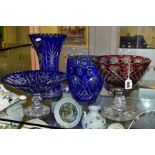 FOUR PIECES OF 20TH CENTURY FLASH CUT GLASSWARE, comprising two blue to clear vases, height 31cm and