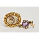 TWO EARLY 20TH CENTURY GOLD-PLATED BROOCHES, the first set with an oval cut purple stone assessed as